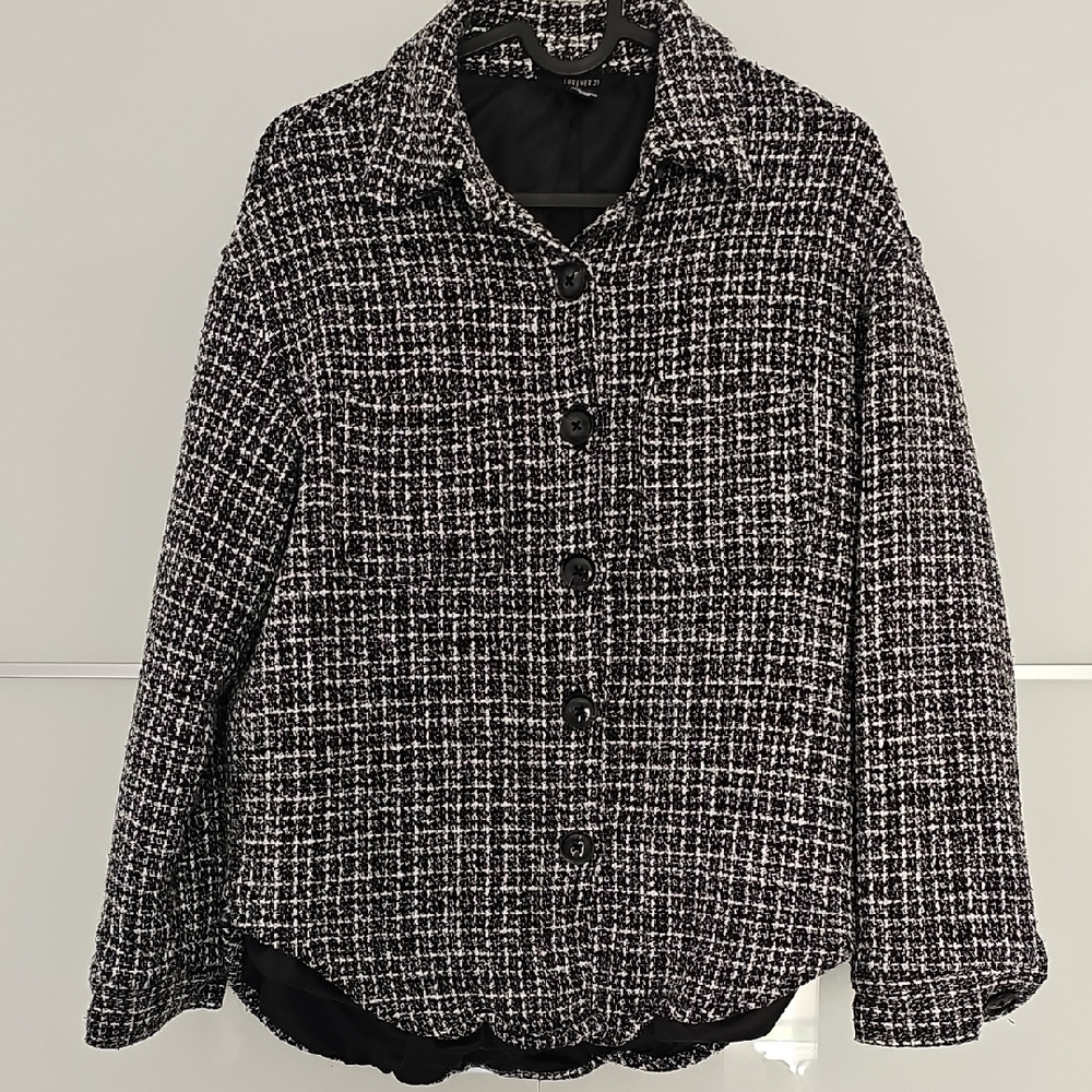 Forever 21 Black and White Teddy Jacket with Classic Tweed Design